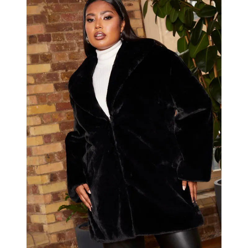 Plus Size Plush Faux Fur Coat in Black|CHI CHI LONDON New