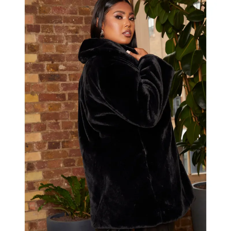 Plus Size Plush Faux Fur Coat in Black|CHI CHI LONDON New