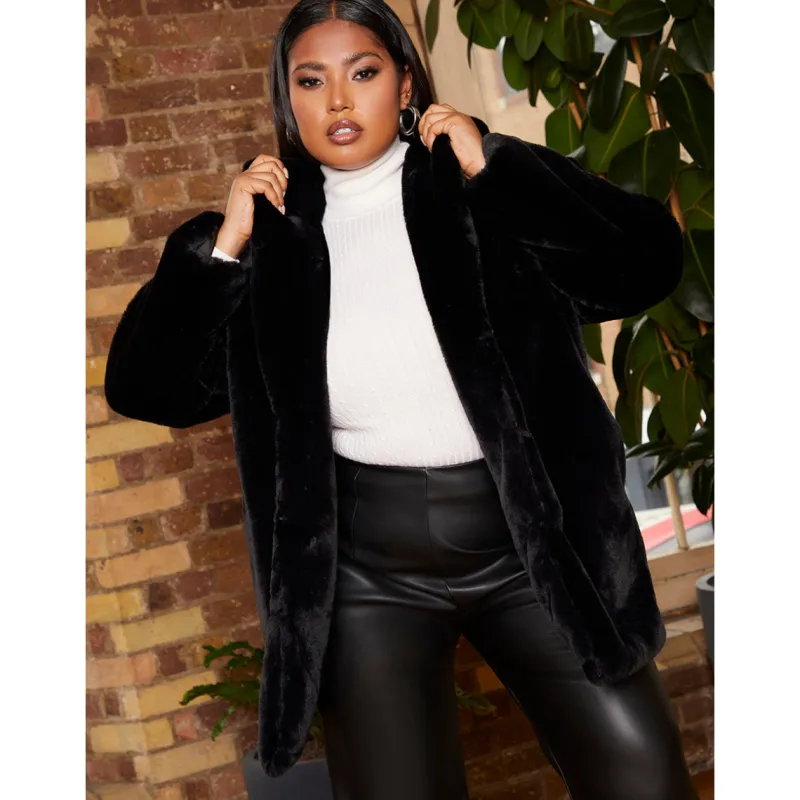 Plus Size Plush Faux Fur Coat in Black|CHI CHI LONDON New