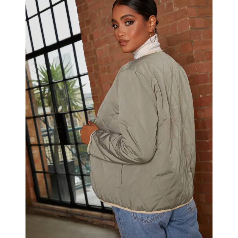 Reversible Quilted Short Jacket in Cream and Khaki|CHI CHI LONDON Hot