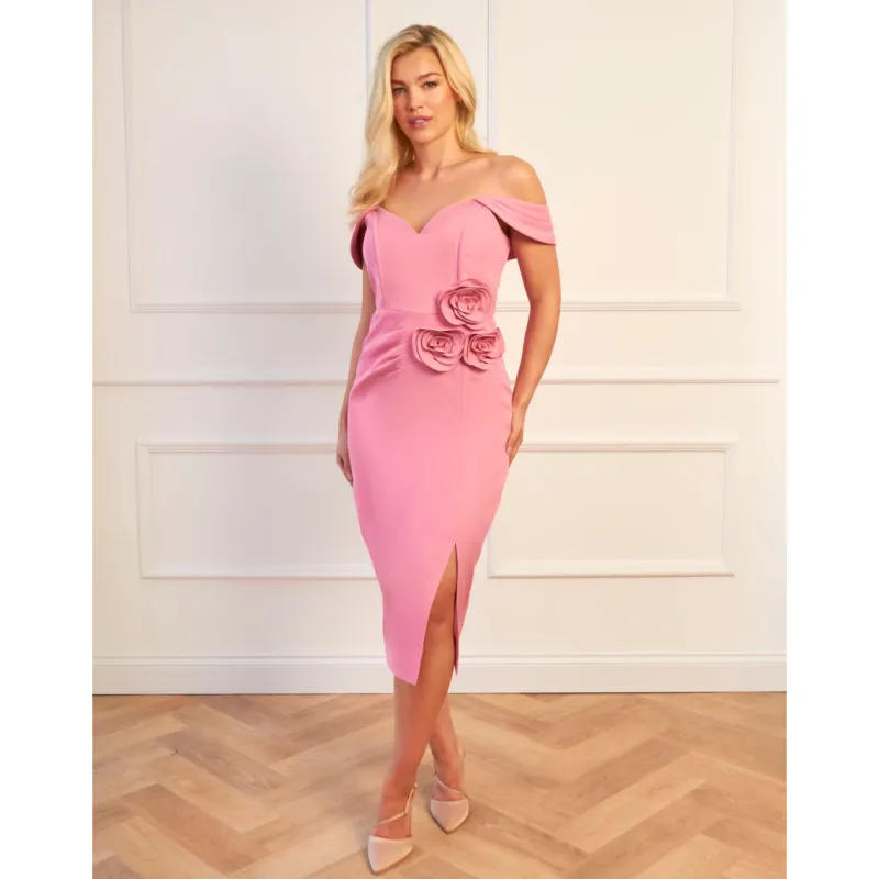 Rosette Detail Bardot Midi Dress in Pink|CHI CHI LONDON Best