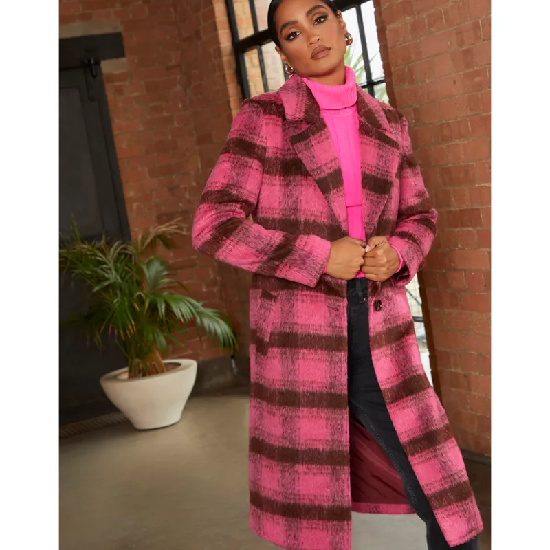 Single Breasted Check Coat in Pink|CHI CHI LONDON Clearance