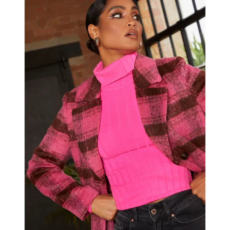 Single Breasted Check Coat in Pink|CHI CHI LONDON Clearance