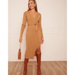 Wrap Split Side Knitted Midi Dress in Camel|CHI CHI LONDON Clearance