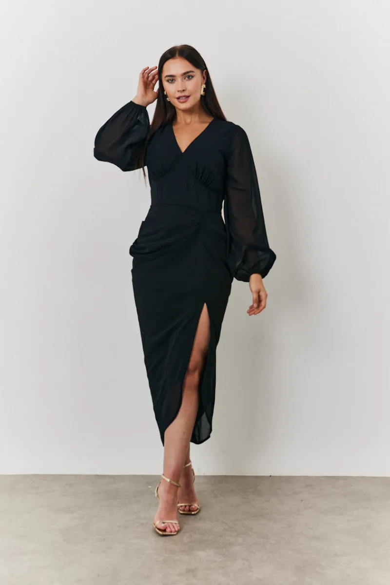 Chiffon Long Sleeve Slit Detail Midi Dress|In the Style Best
