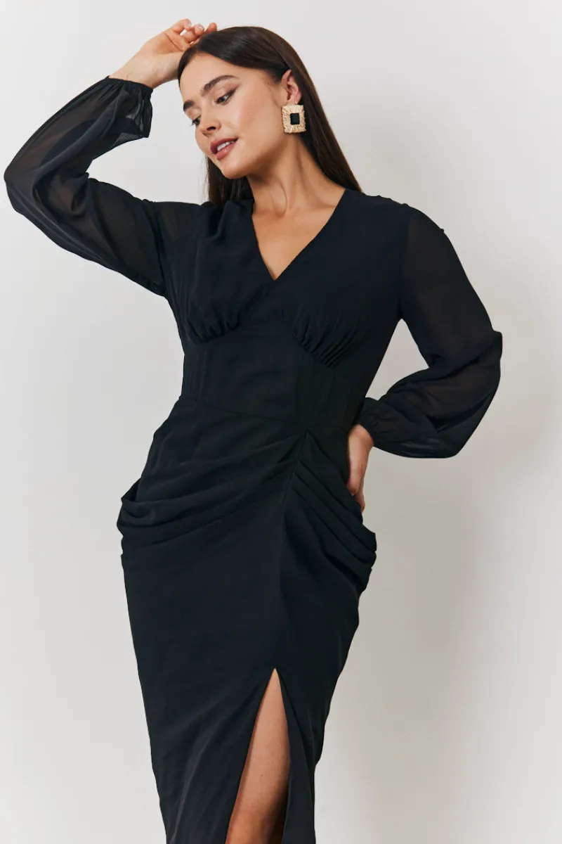 Chiffon Long Sleeve Slit Detail Midi Dress|In the Style Best