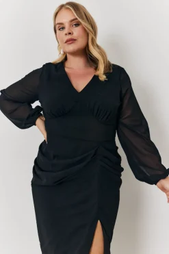 Chiffon Long Sleeve Slit Detail Midi Dress|In the Style Best