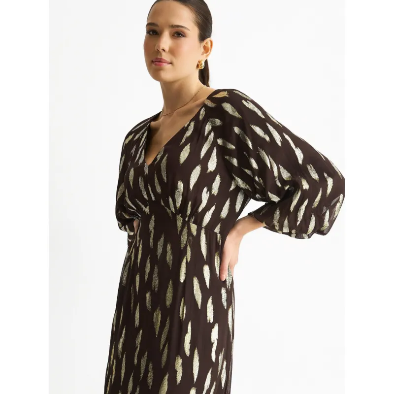Chocolate Viscose Clipped Balloon Sleeve Maxi Dress|Gini London Outlet