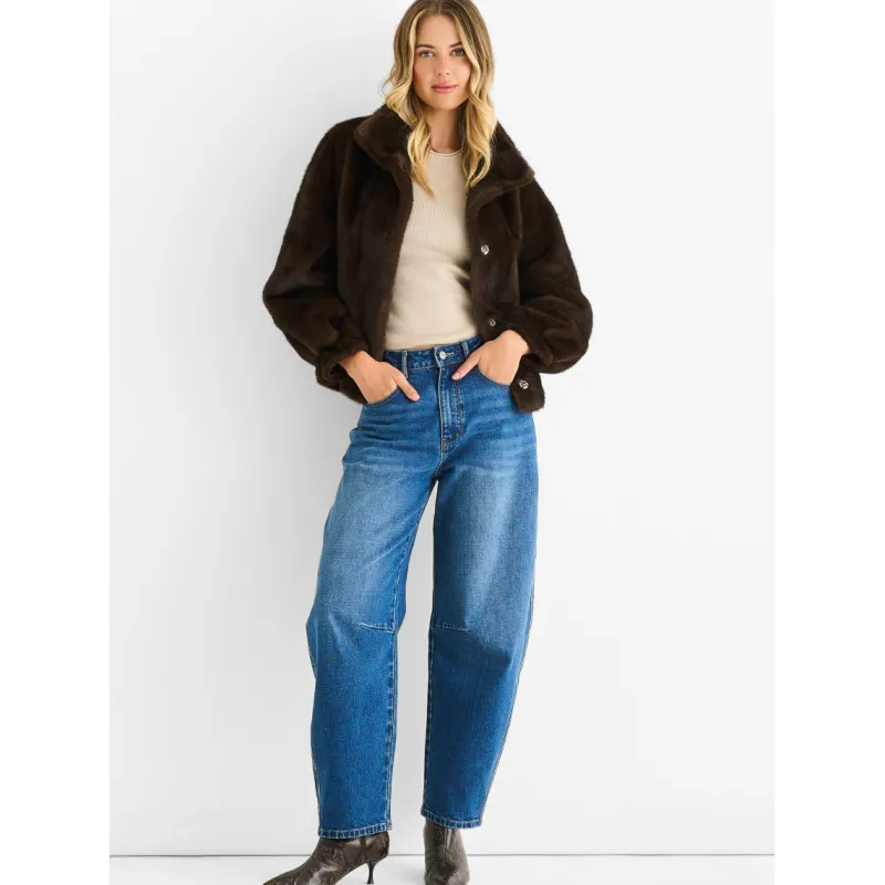 Coffee Funnel Neck Button Up Faux Fur Jacket|Gini London New