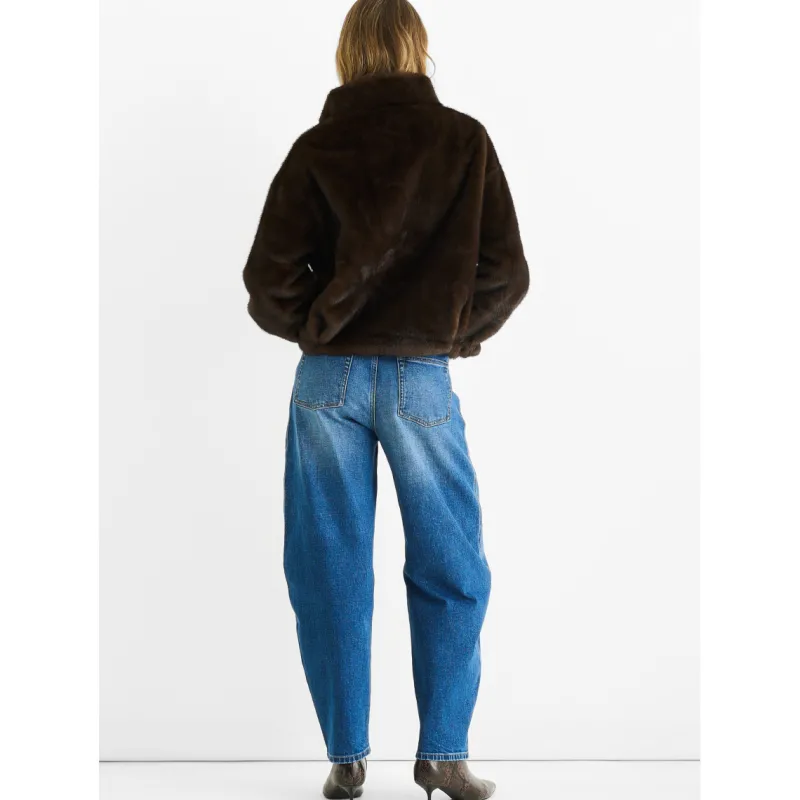 Coffee Funnel Neck Button Up Faux Fur Jacket|Gini London New