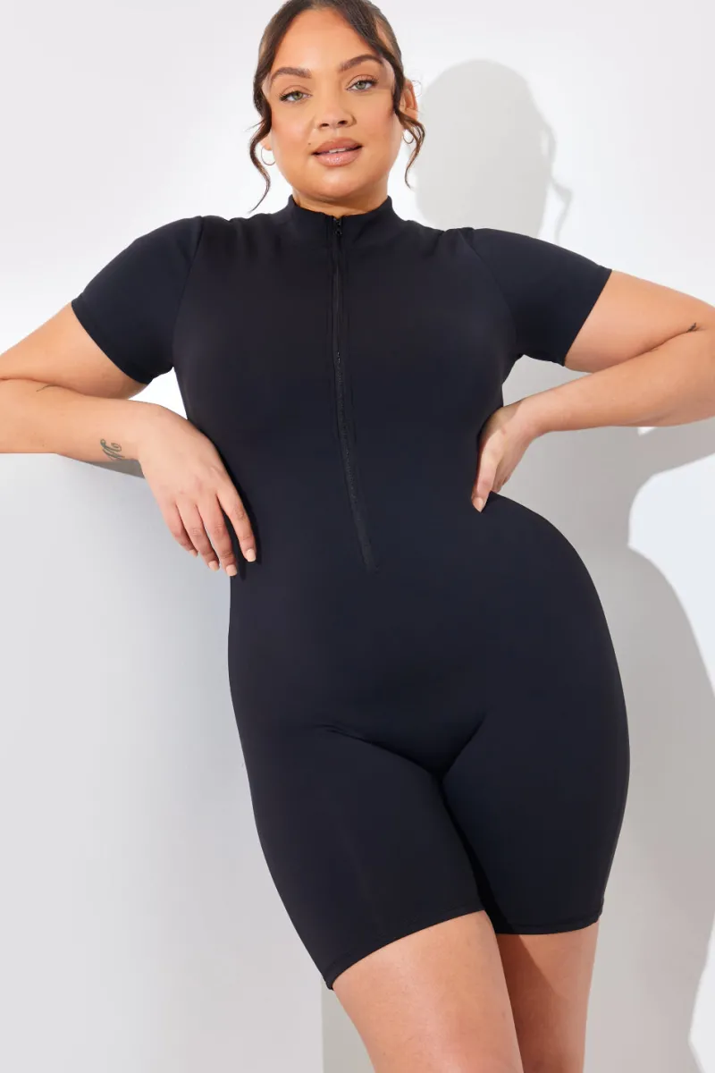 Contour Built-In Bra Short Sleeve Short Leg Half Zip Unitard|In the Style New