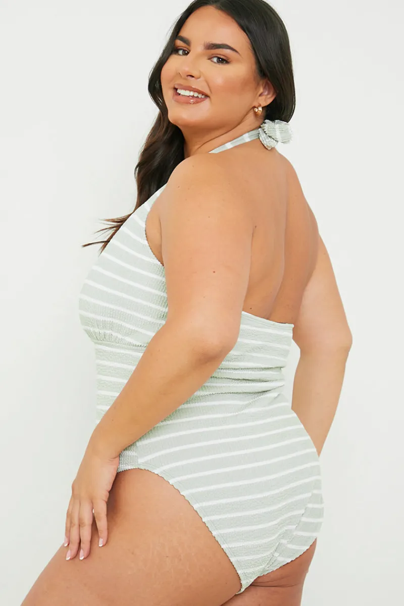 Control Crinkle Stripe Halter Swimsuit with Ruched Sides|In the Style Discount