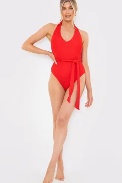 Control Textu Halter Neck Belted Swimsuit|In the Style Online
