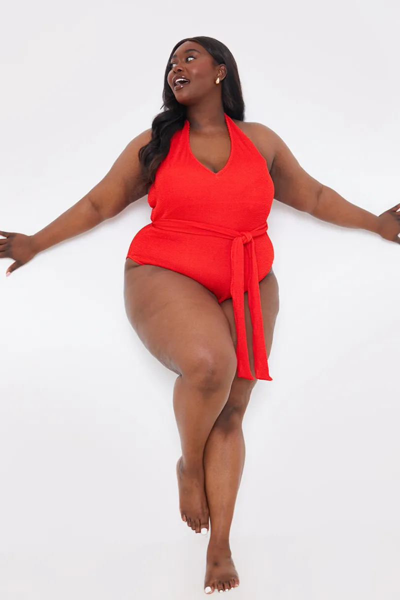 Control Textu Halter Neck Belted Swimsuit|In the Style Online