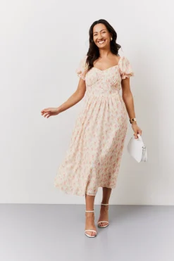 Cream Floral Print Puff Sleeve Milkmaid Midi Dress|In The Style New