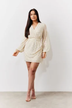 Gold Fleck Detail Belted Mini Dress|In the Style Clearance