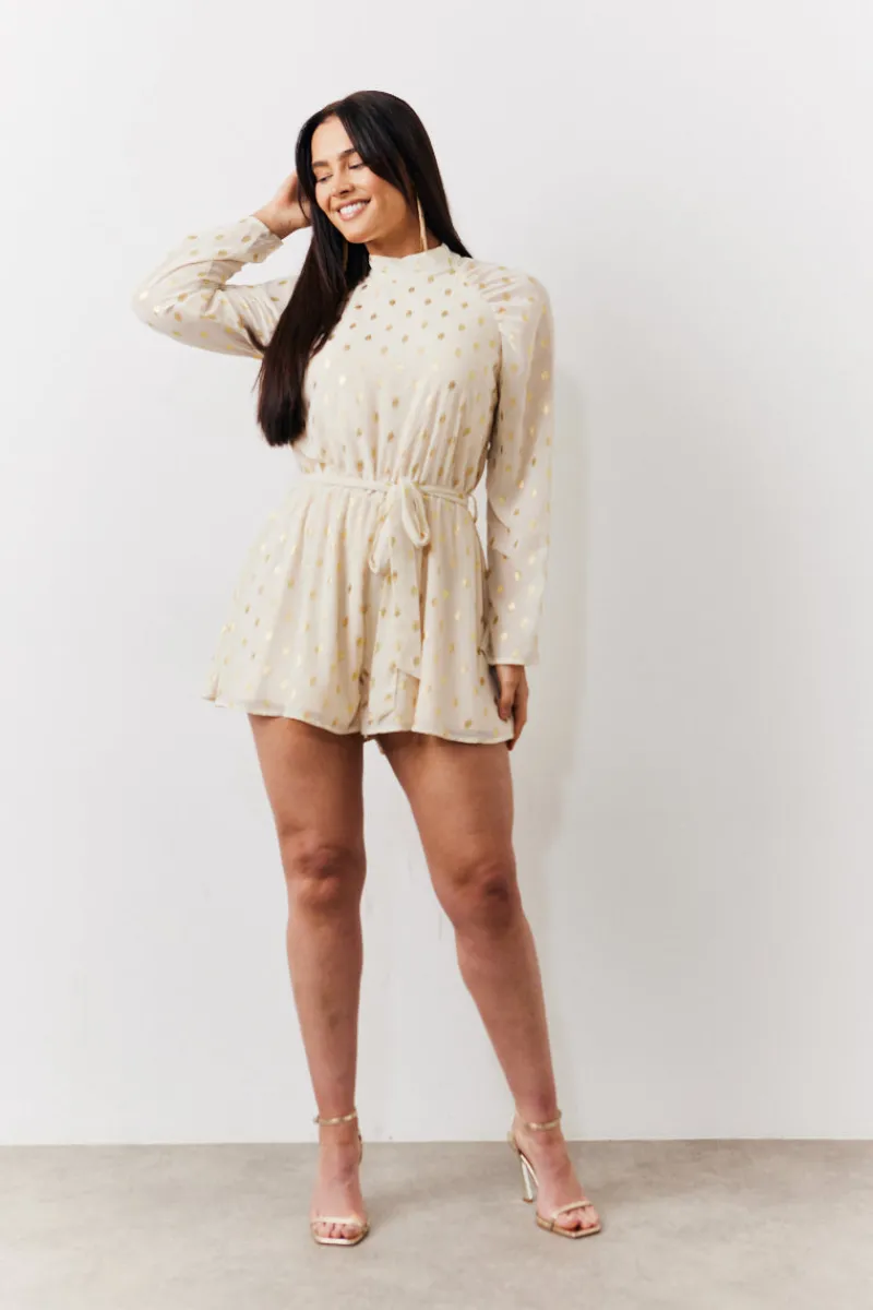 Gold Fleck Detail High Neck Belted Playsuit|In the Style Online