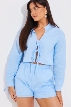 Cropped Tie Front Linen Look Co-Ord Shirt|In the Style Outlet