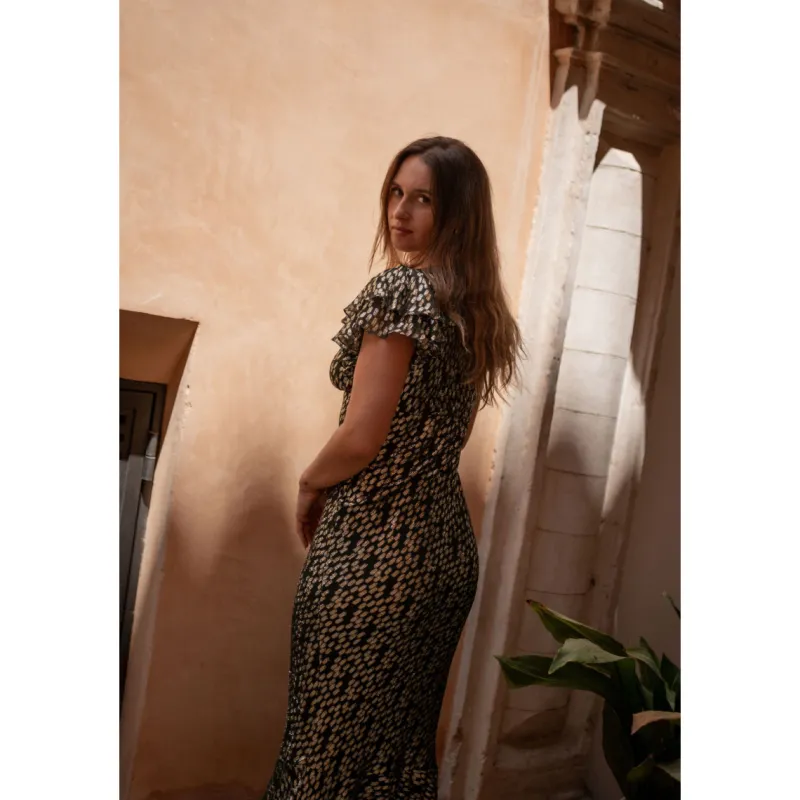 Dark Green Viscose Clipped Gold Jacquard Bias Cut Maxi Dress|Gini London Outlet