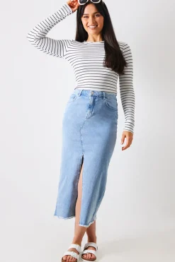 Denim Split Detail Midi Skirt|In the Style New