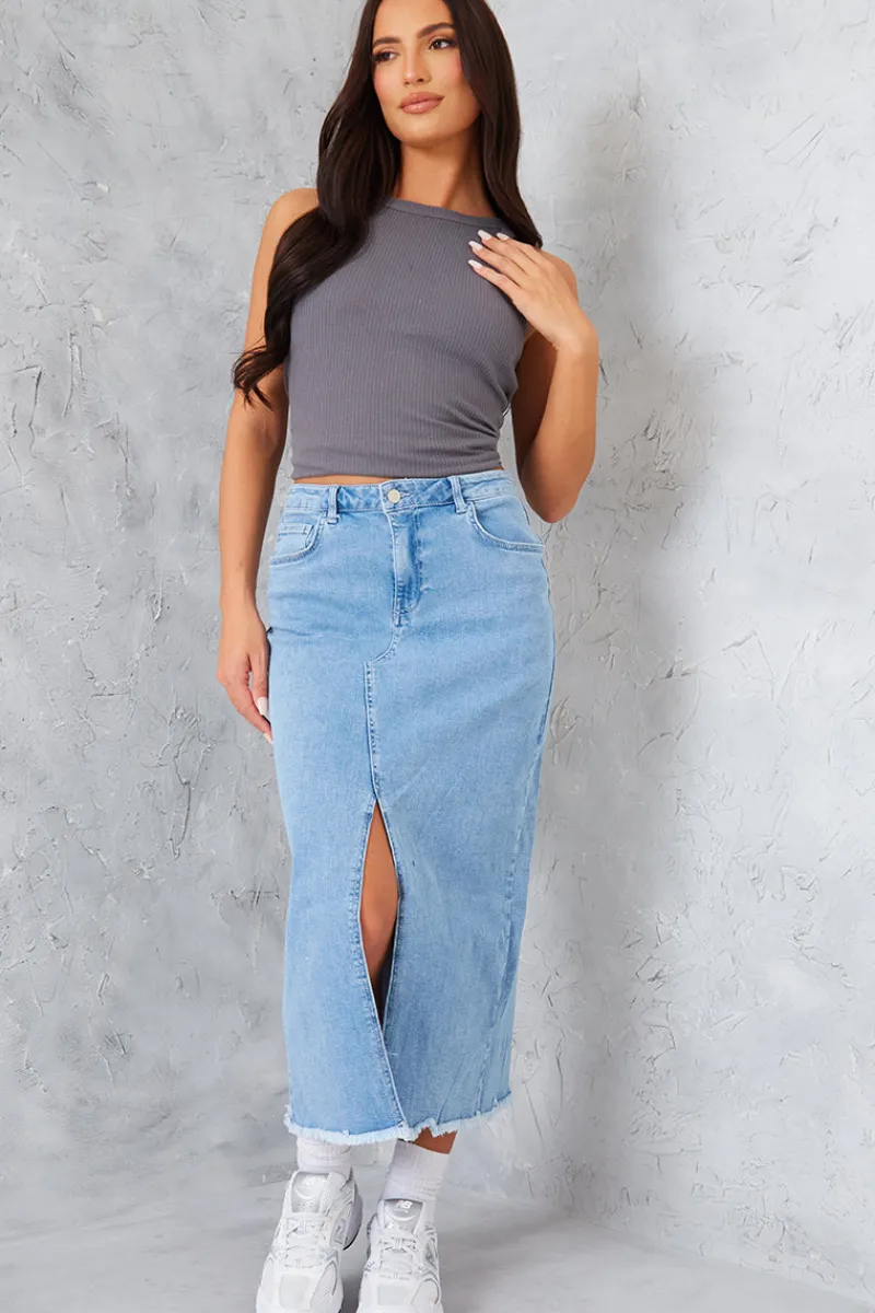 Denim Split Detail Midi Skirt|In the Style New