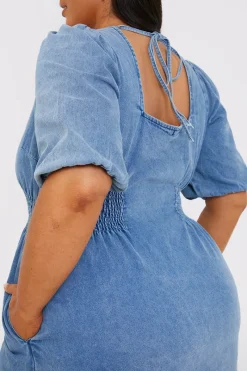 Denim V Neck Shirred Waist Tie Back Mini Dress|In The Style Outlet