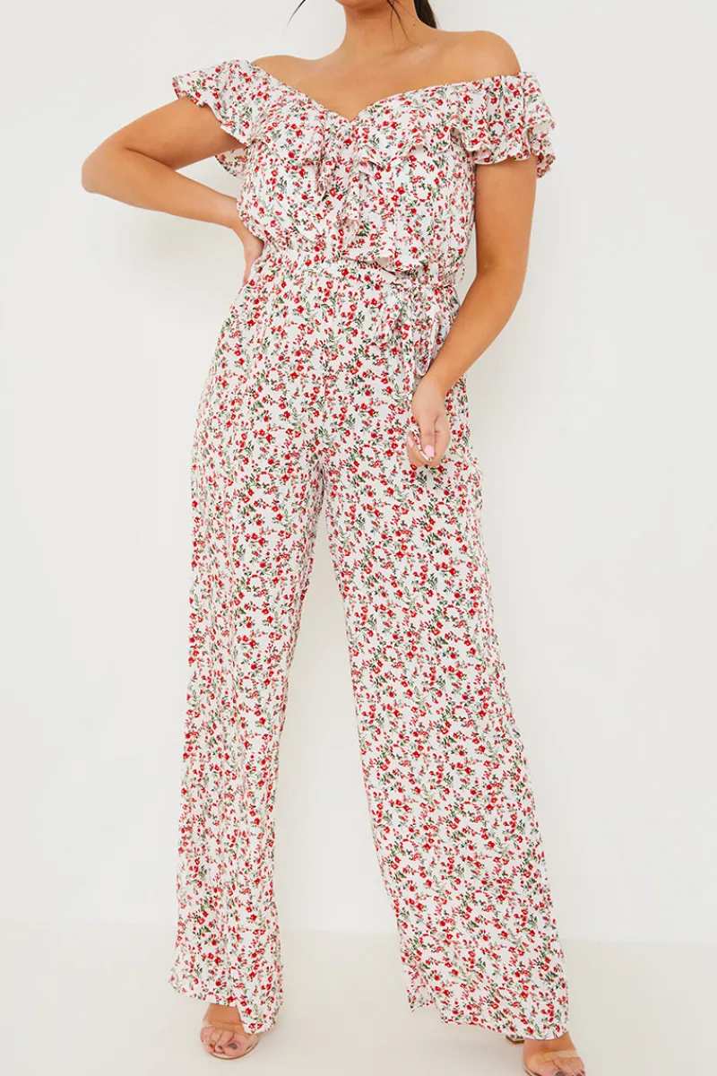 Ditsy Floral Print Wrap Bardot Jumpsuit|In the Style Discount