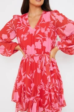 Floral Balloon Sleeve Godet Skater Mini Dress|In The Style Online
