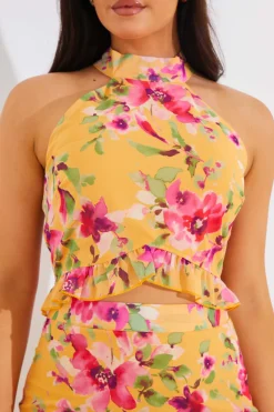 Floral Chiffon Halter Co-Ord Crop Top|In the Style Sale