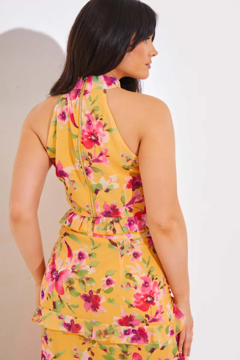 Floral Chiffon Halter Co-Ord Crop Top|In the Style Sale