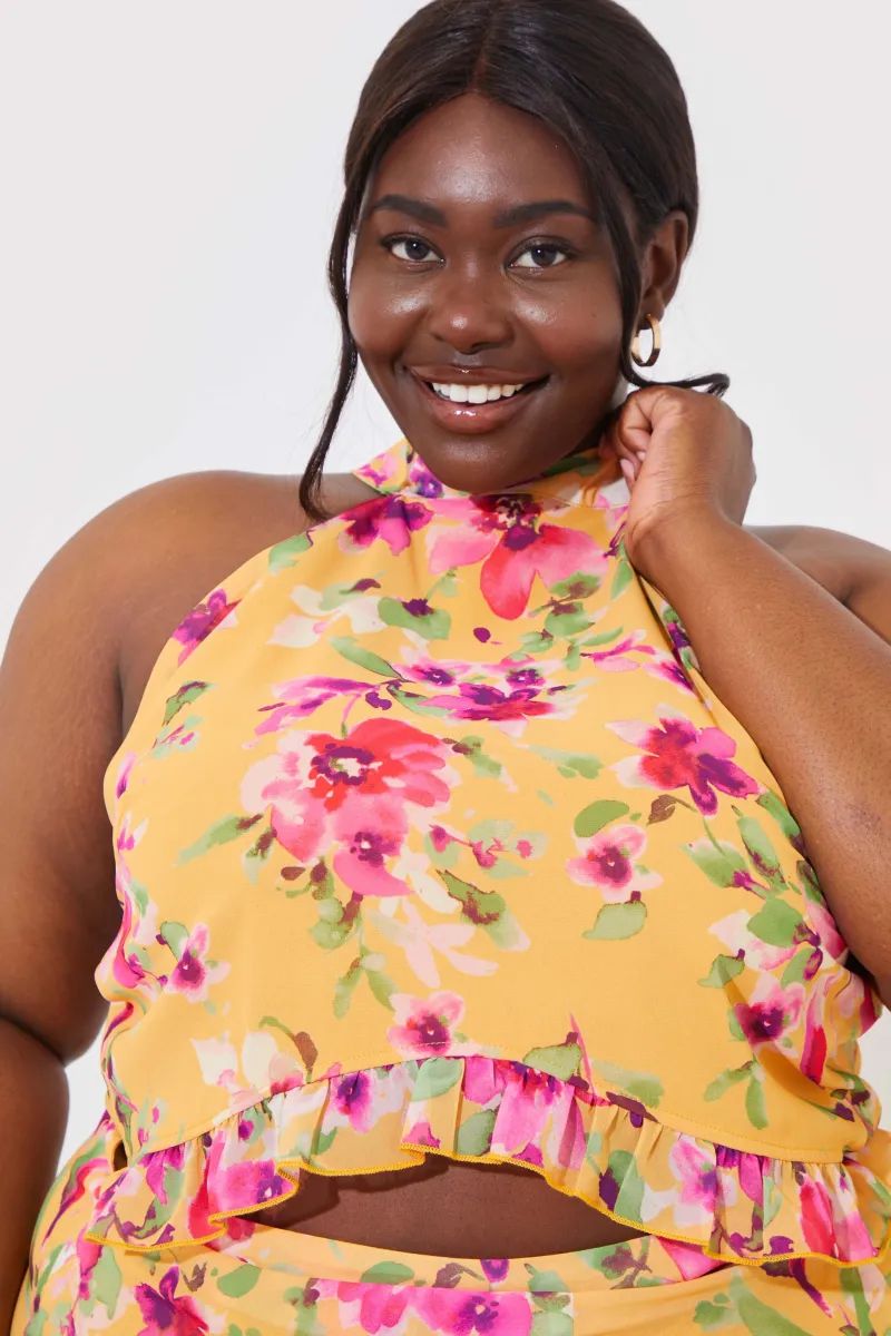 Floral Chiffon Halter Co-Ord Crop Top|In the Style Sale