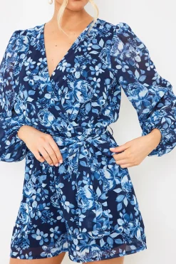 Floral Chiffon Wrap Belted Balloon Sleeve Playsuit|In the Style Clearance