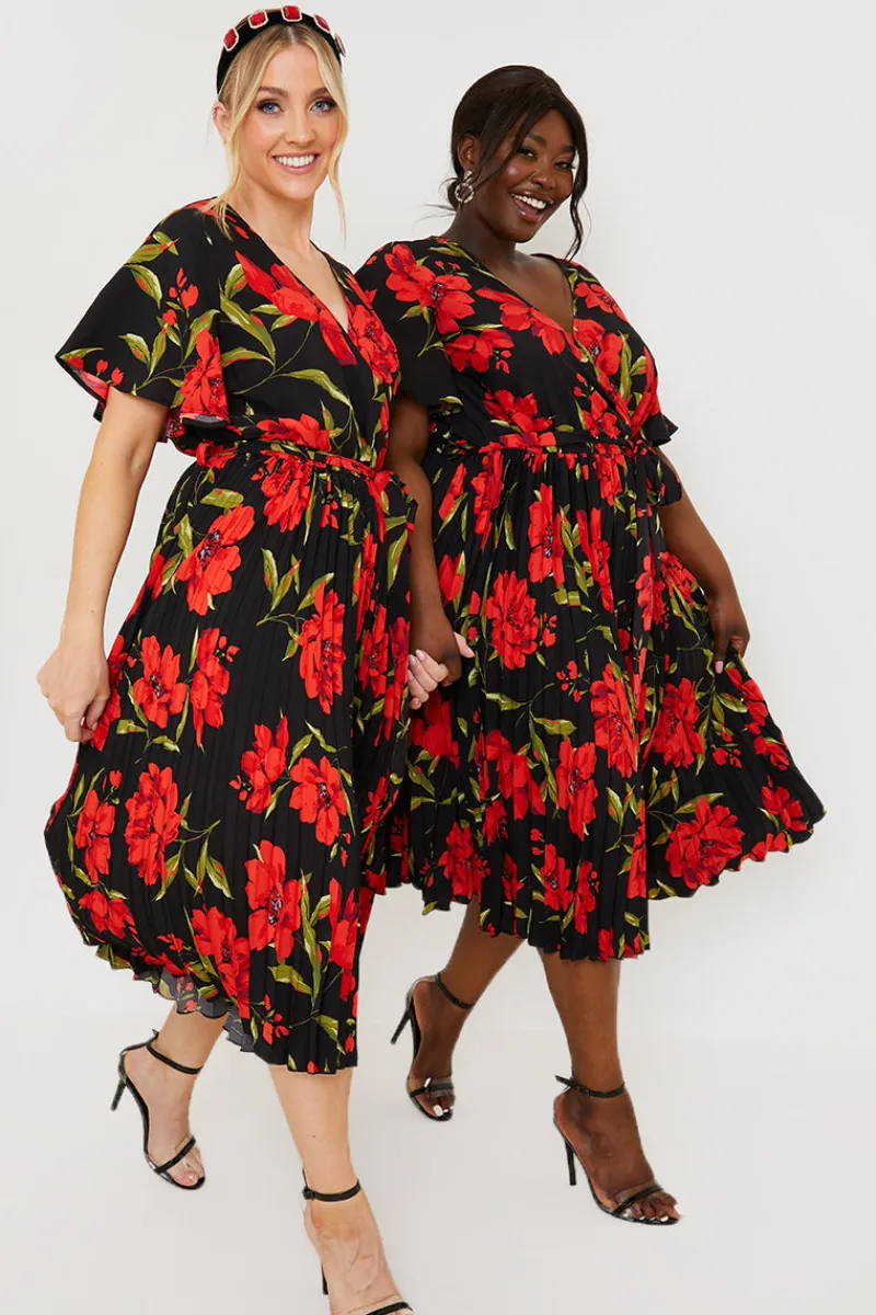 Floral Print Pleated Wrap Midi Dress|In the Style Clearance