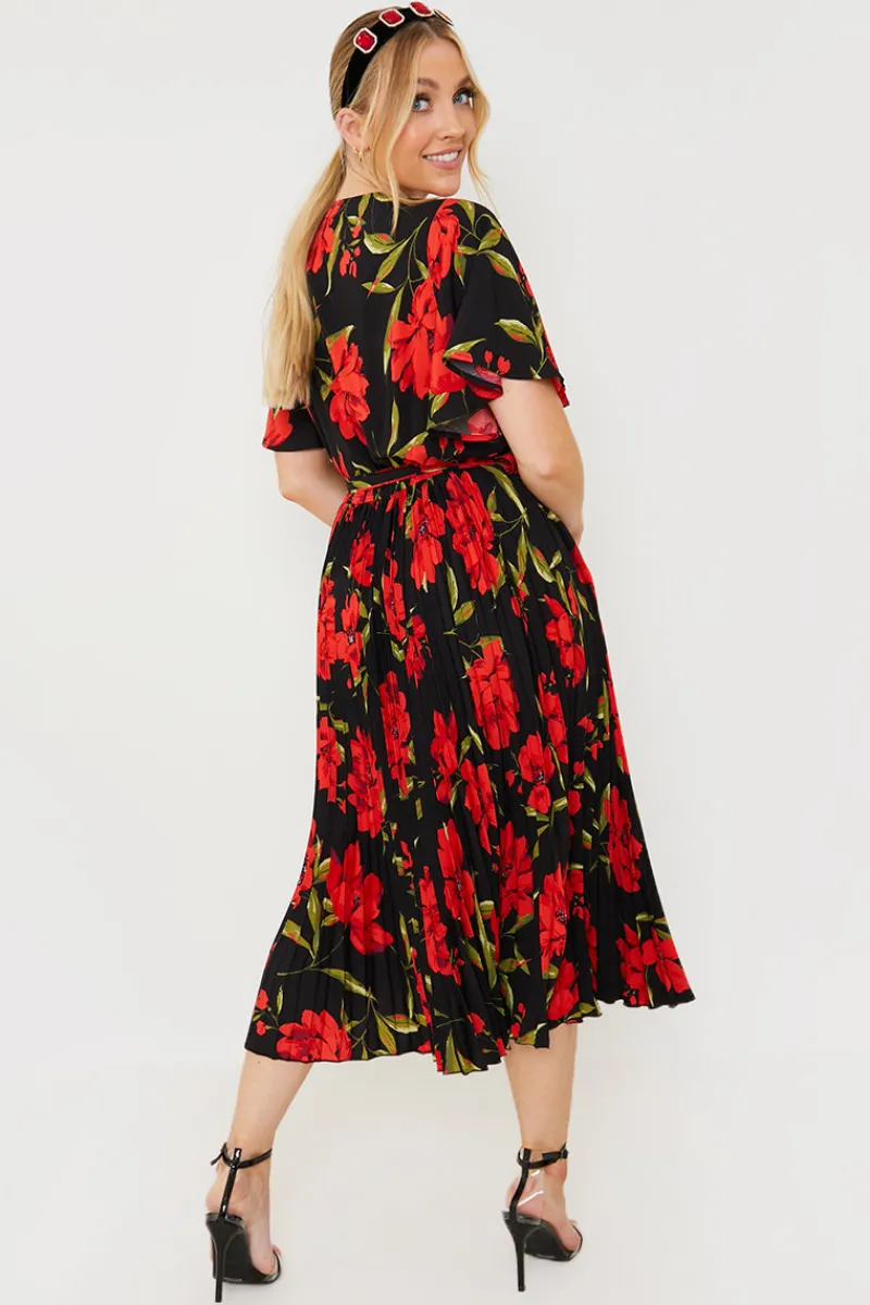 Floral Print Pleated Wrap Midi Dress|In the Style Clearance
