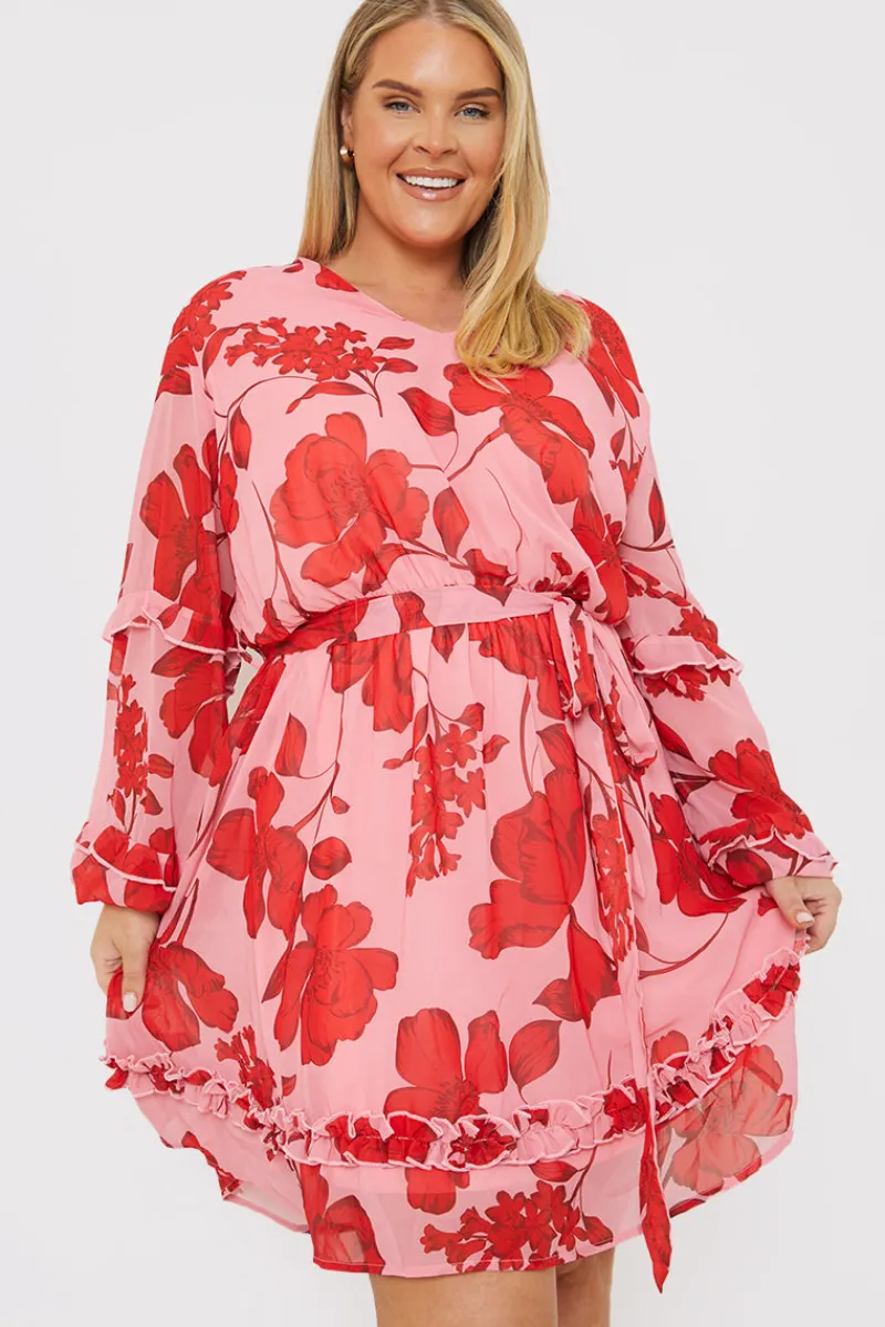 Floral Printed Chiffon Frill Detail Balloon Sleeve Mini Dress|In the Style Best