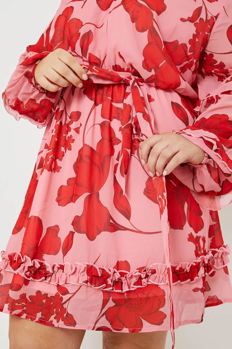 Floral Printed Chiffon Frill Detail Balloon Sleeve Mini Dress|In the Style Best