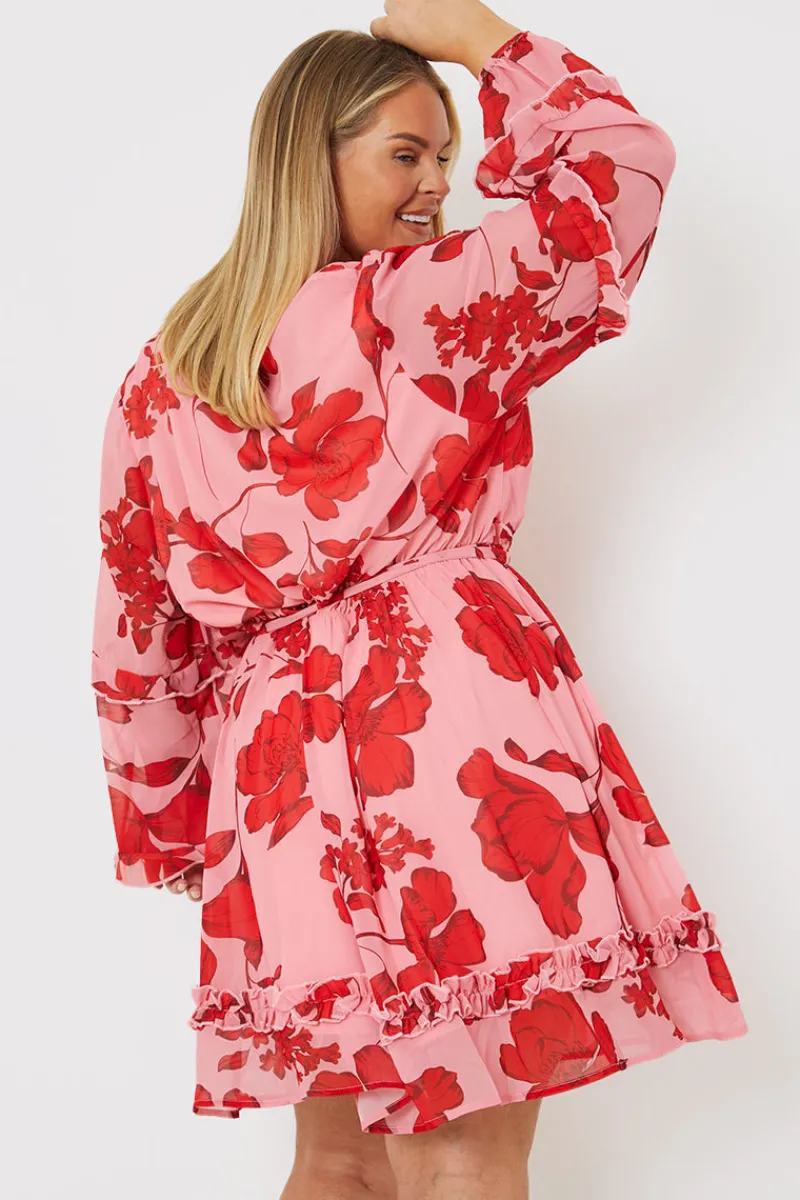 Floral Printed Chiffon Frill Detail Balloon Sleeve Mini Dress|In the Style Best