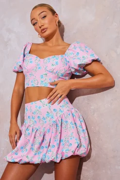 Floral Puffball Hem Mini Skirt|In the Style Clearance