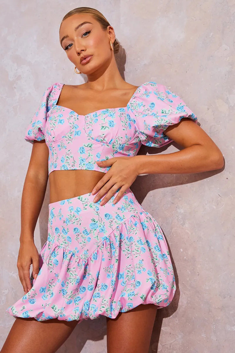 Floral Puffball Hem Mini Skirt|In the Style Clearance