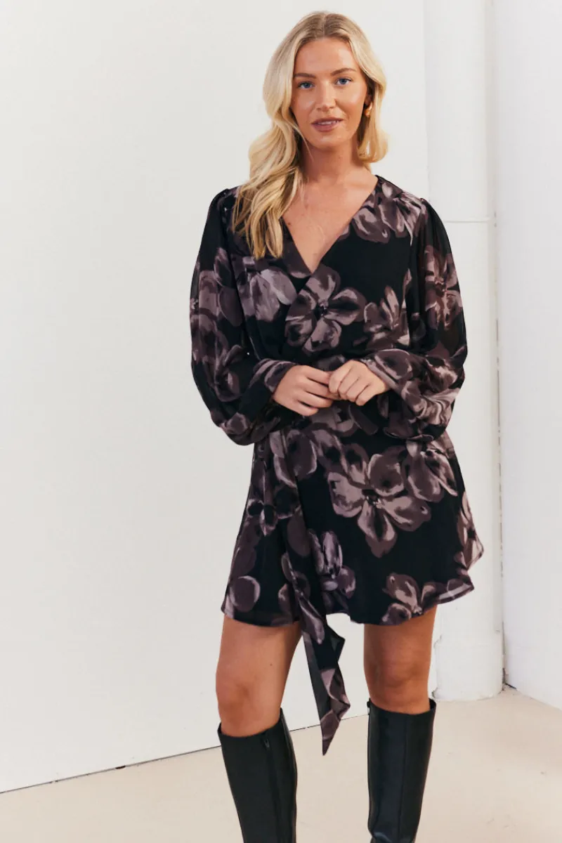 Floral Wrap Front Detail Skater Dress|In The Style