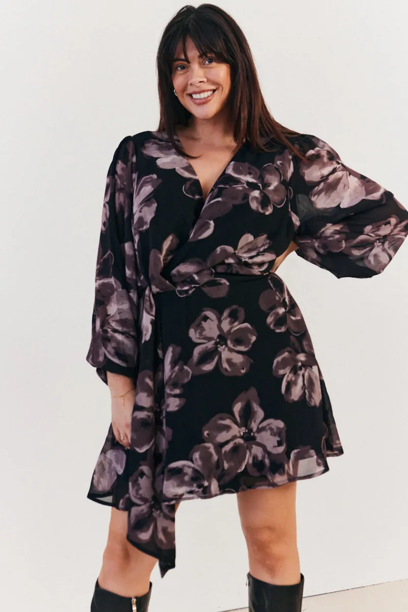 Floral Wrap Front Detail Skater Dress|In The Style