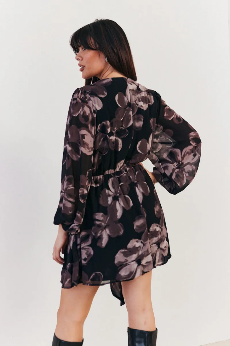 Floral Wrap Front Detail Skater Dress|In The Style