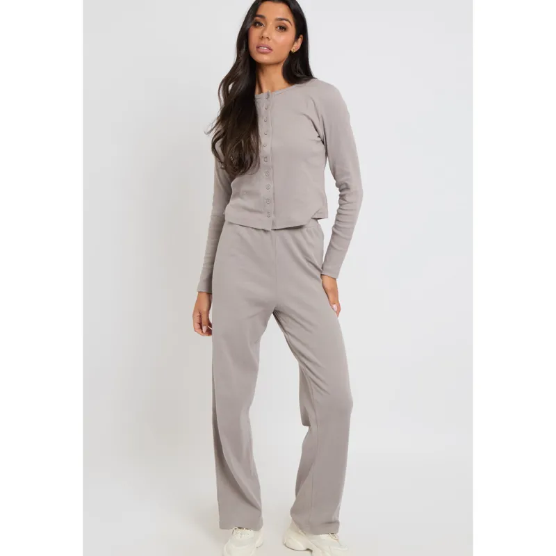 Grey Ribbed Wide Leg Trouser|Urban Bliss Outlet