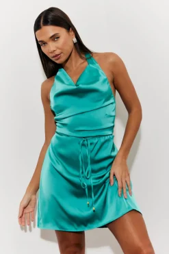 Halterneck Satin Mini Dress with Gold Belted Trim|In the Style Clearance