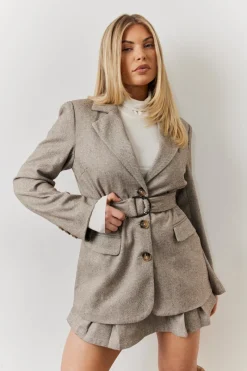 Herringbone Belted Single Breasted Oversized Blazer|In the Style Clearance