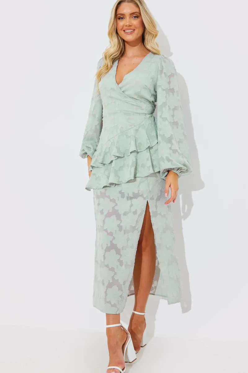 Jacquard Asymmetric Frill Wrap Midaxi Dress|In the Style Discount