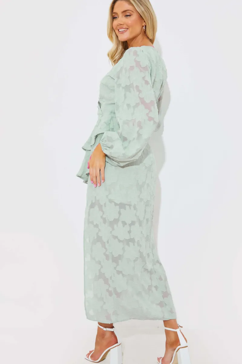 Jacquard Asymmetric Frill Wrap Midaxi Dress|In the Style Discount