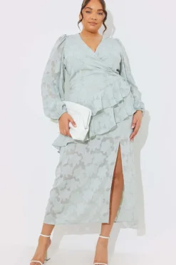 Jacquard Asymmetric Frill Wrap Midaxi Dress|In the Style Discount