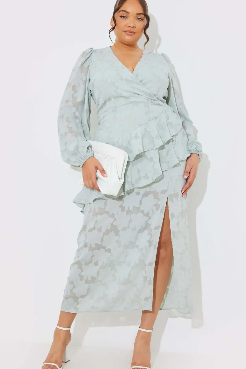 Jacquard Asymmetric Frill Wrap Midaxi Dress|In the Style Discount