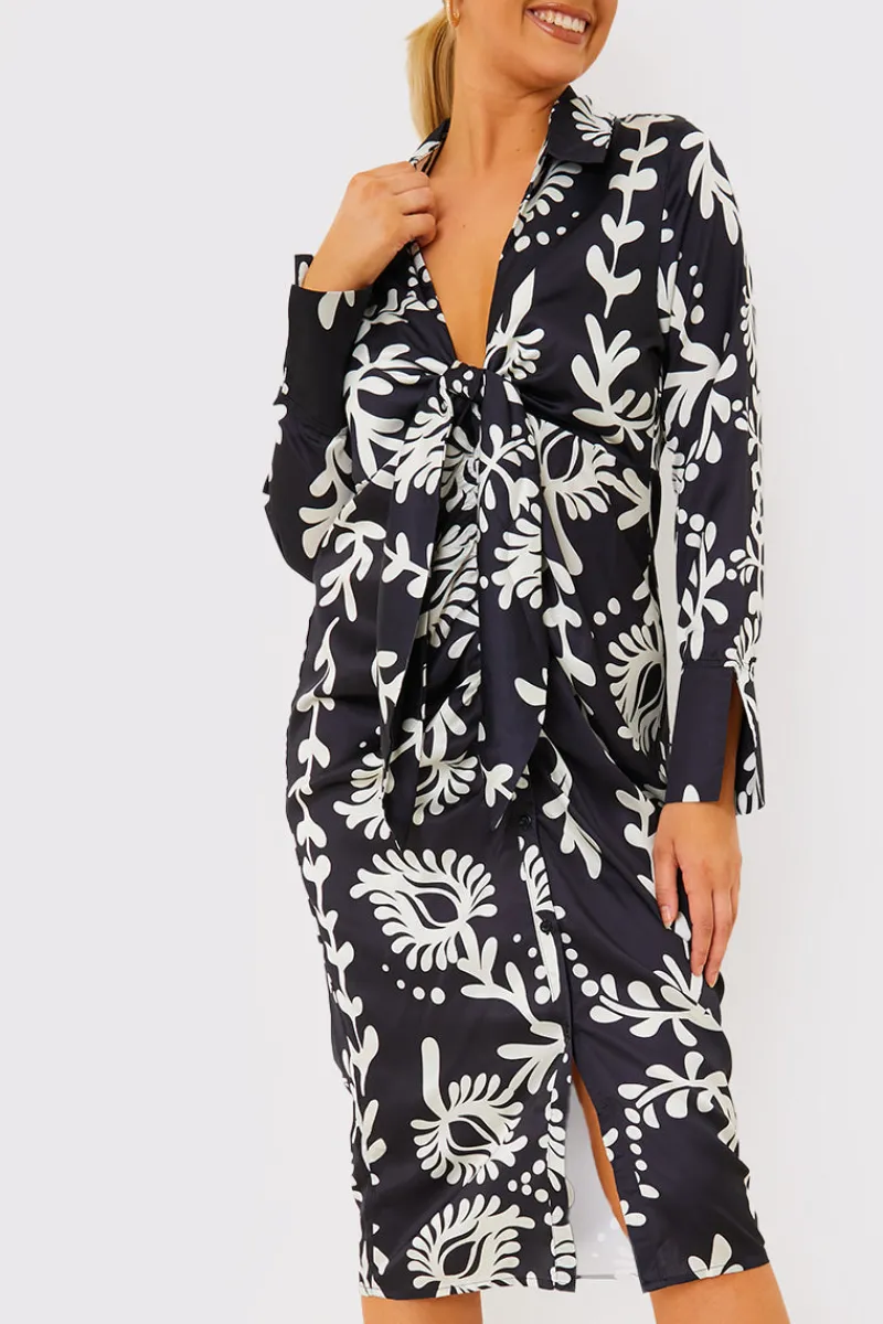 Leaf Print Plunge Tie Front Midi Shirt Dress|Terrie Mcevoy Discount